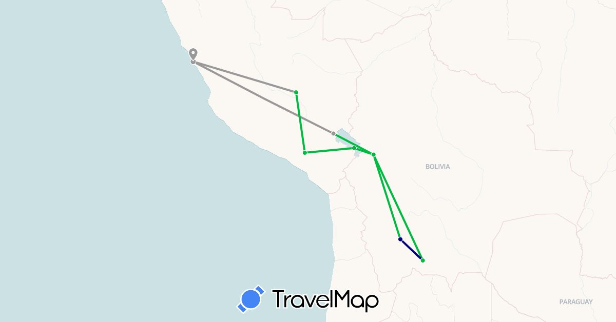 TravelMap itinerary: driving, bus, plane in Bolivia, Peru (South America)
